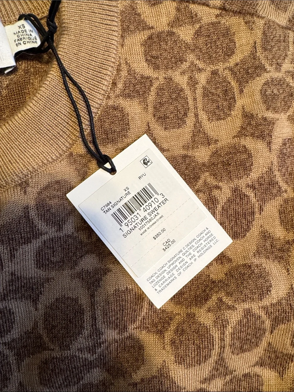 Coach Men’s Brown Monogram Crewneck Sweater with Striped Trim - Picture 2 of 3